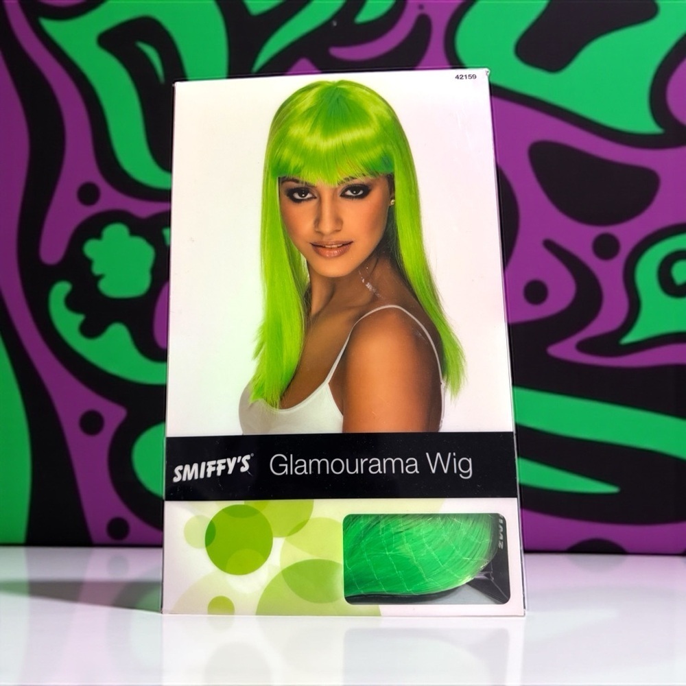 Smiffys Glamourama Neon Green Long Straight Wig With Bangs NEW